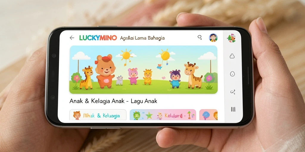 Antarmuka pengguna <strong>LUCKYMINO</strong> yang ceria dan interaktif untuk anak-anak.